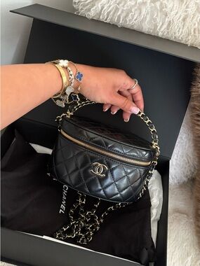 CHANEL Black Quilted Leather Mini Vanity Bag with Gold Hardware